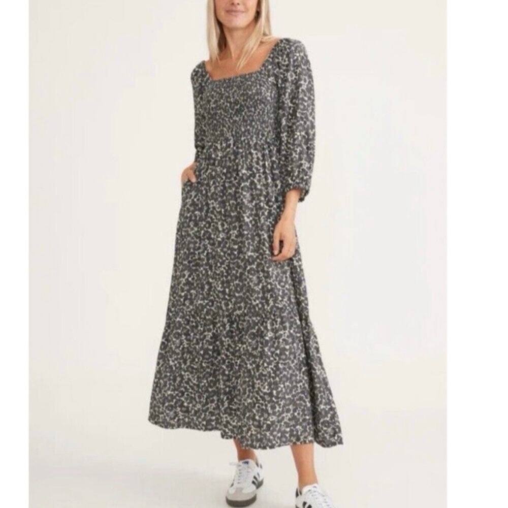 MARINE LAYER Ivy Smocked Abstract Floral Tiered Midi Dress w/Pockets XS